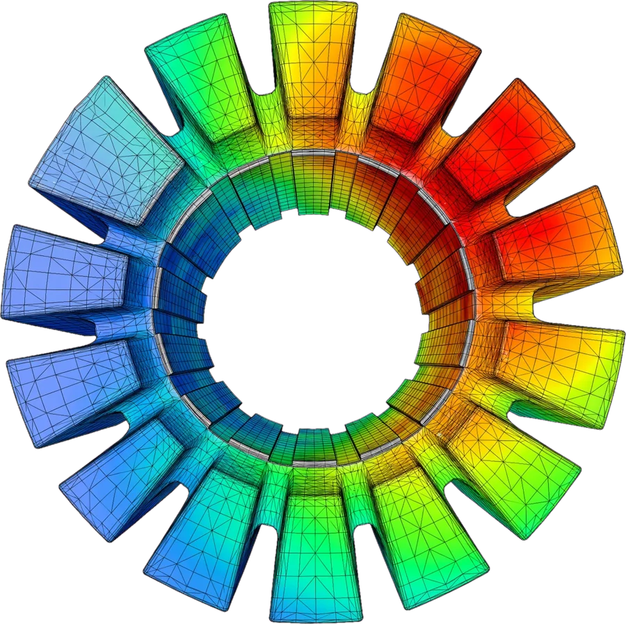 JMAG electromagnetic simulation of a motor stator with flux density contour and mesh